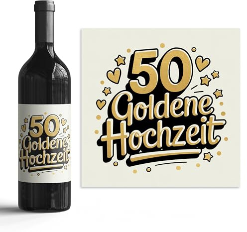 Flaschenetiketten-Set - 50 Jahre verheiratet - 6 Aufkleber selbstklebend - Hochzeits-Deko für Wein & Sekt (50 Goldene Hochzeit / 004, 10x10cm)