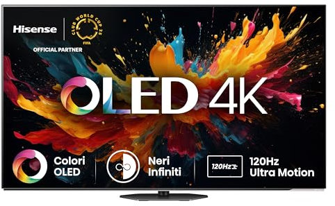 Hisense TV 55 OLED 4K 55A8DN, Smart TV VIDAA U8, Dolby Vision IQ, HDR 10+ Adaptive, 120Hz Game Mode PRO, Dolby Atmos, Alexa Built-in, VIDAA Voice, Tuner DVB-T2/S2 HEVC 10, lativù 4K, 55'', 2025 OLED
