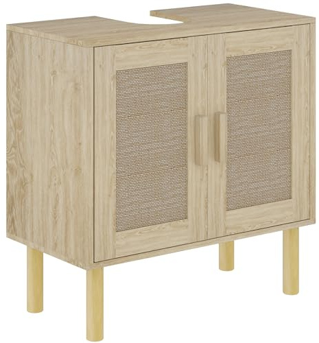 HOMCOM Mueble bajo lavabo, puertas de ratán, estilo bohemio, patas de pino, 2 niveles, 60 x 30 x 60 cm, roble