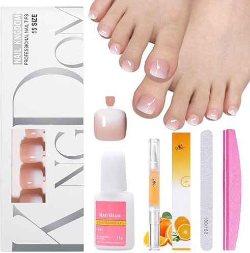 Set di 150 unghie finte – 15 misure unghie dei piedi artificiali, punte per unghie dei piedi da incollare, nude gradient toe nail unghie per donne, unghie artificiali autoadesive per manicure fai da