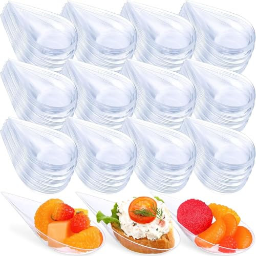 100 cuencos de postre de plástico transparente (10 x 5 cm) – Platos en forma de gota para entrantes, parfait y degustación, reutilizables, para gastro, fiestas y catering