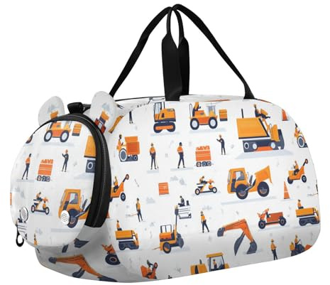 Foiosoh Bolsa de lona blanca con diseño de excavadora para niños, con compartimento para zapatos, gran capacidad, para fin de semana, para playa, natación, piscina, deportes