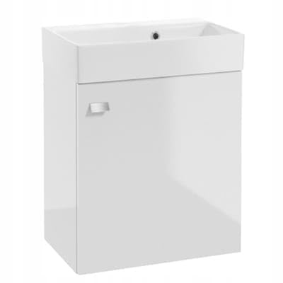 DomoDomo - Waschbeckenunterschrank 60 cm breit Hängend – Bad Unterschrank Weiß Hochglanz – Mit Waschbecken, Soft Close Tür – Badezimmermöbel für kleine Bäder, Chrom Griff