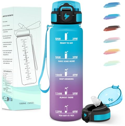 Motswedi Gourde 1l, avec Paille, Gourde Sport, Anti-Fuite, Bouteille, Réutilisable, Bouteille d'eau, avec Marqueur de Temps, pour Fitness, Yoga, Sport, Camping, Gym, Travail, Bleu Violet