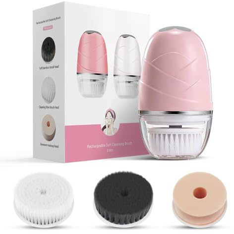 DOCOCO Facial Cleansing Brush, Mini Electric Face Scrubber, Waterproof Face Exfoliator Brush for Deep Cleansing, Portable Face Wash Brush for Travel, Easy to Carry, with 3 Brushheads for Women Mom Men