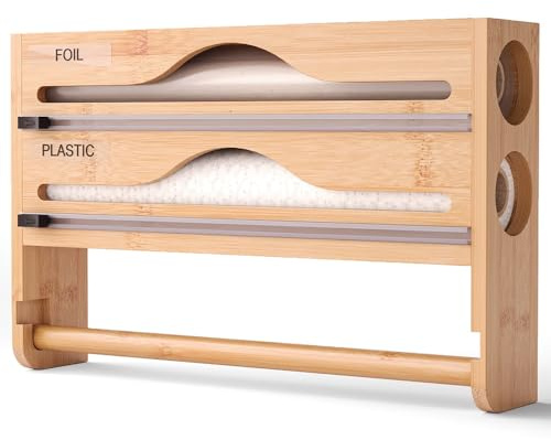 Wall Mounted Cling Film Dispenser with Cutter – Built-In Kitchen Roll Holder & Foil Organiser for Easy Food Storage