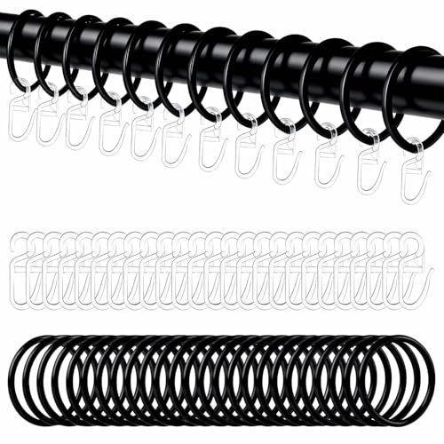 48 Pcs Anneaux de Rideau Argent en Métal et Crochets de Rideau,30mm Diamètre Intérieur pour Rideaux de Douche,Rideaux, Rideaux du Sol au Plafond (Noir)
