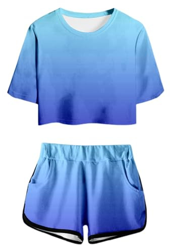 Chándal para niña, ropa deportiva, chándal, traje deportivo para niños, conjunto de verano con parte superior de manga corta, pantalones cortos para niñas, con estampado, bonito bolsillo cuello