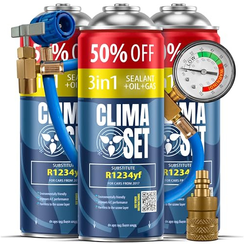 ClimaSet - 3 x 3 en 1 R 1234yf Recarga de Aire Acondicionado, Aceite, sellador de Fugas XL, Manguera y Adaptador - Kit de Recarga de Gas para Aire Acondicionado para Automóviles - 705 g