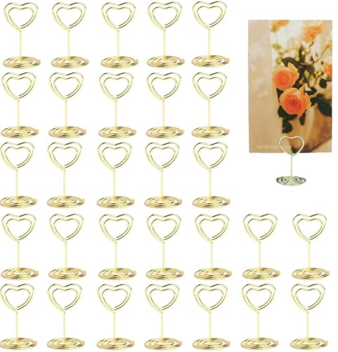 ZIOYANE Paquete de 30 soportes para tarjetas con forma de corazón dorado de 50 mm, elegantes números de mesa y soportes para fotos, perfectos para bodas, banquetes, fiestas y organización de