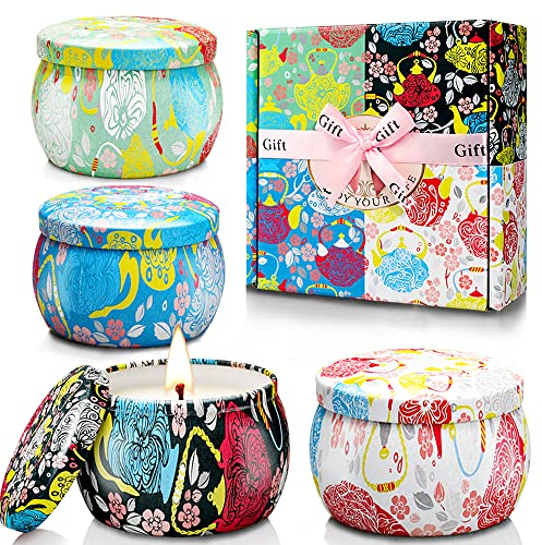 4 Pièces bougie parfumées, 500g Ensemble Cadeau Bougies Cire De Soja, Cadeau de Soulagement du Stress pour Femmes, Aromathérapie, Bath, Yoga, Bougies de Voyage
