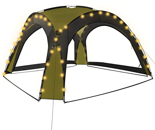 vidaXL Party Tent - UV with LED Lighting and 4 Sidewalls, Made from 100% Polyester Fabric with PA Coating, Robust Fiberglass Frame - Green