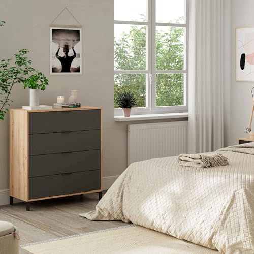 Dmora - Rochester-Kommode, Kommode mit 4 Schubladen, Kommode für das Schlafzimmer, moderne Kommode, 76x40h94 cm, geknotete Eiche und Anthrazit