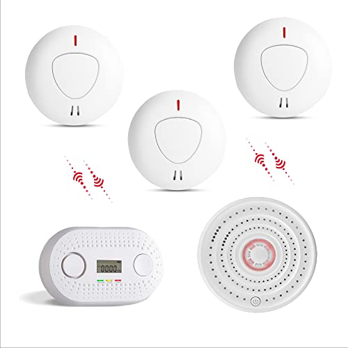 Firexo fxo Interlinked Optical Smoke Alarm, Heat Alarm & Carbon Monoxide Alarm Bundle - x1 Wireless Heat, x3 Optical Smoke & x1 CO Detector - Fire Alarms Multipack with 10 Year Tamper Proof Battery