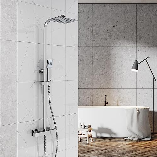 AICAIT Kit Saliscendi Doccia con Soffione in Acciaio Inox, Doccia Soffione con Ugelli in Silicone Anticalcare, Set Doccia con Rubinetto Termostatico, Altezza Regolabile 80-120cm