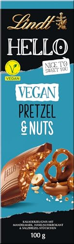 Lindt Schokolade HELLO Tafel Vegan Pretzel & Nuts | 100 g | Vegan mit Kakao, mildem Mandelmark, Haselnusskrokant & Salzbrezel-Stückchen | Schokoladengeschenk