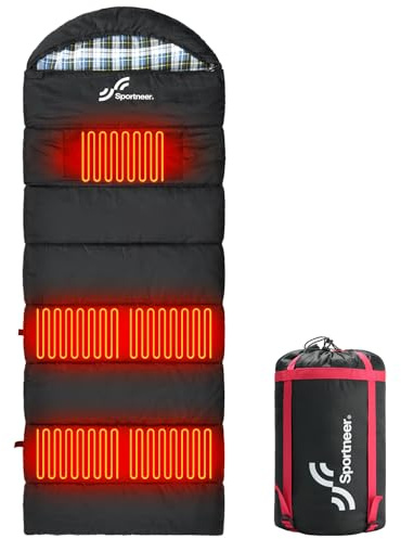 Sportneer Heated Sleeping Bag with 5 Heating Zones, Warm Flannel Cold Weather Sleeping Bag for Adults, 3 Heat Levels USB Powered (Power Bank Not Included), Winter Camping & Outdoor Hiking