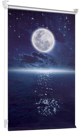 Verdunklungsrollo ohne Bohren/mit Bohren Thermorollo klemmfix Mond und Sterne Fluoreszierend B45 x H170 cm (Stoffbreite 40cm) Blau, Hitzeschutz und Sichtschutz, Wandmontage