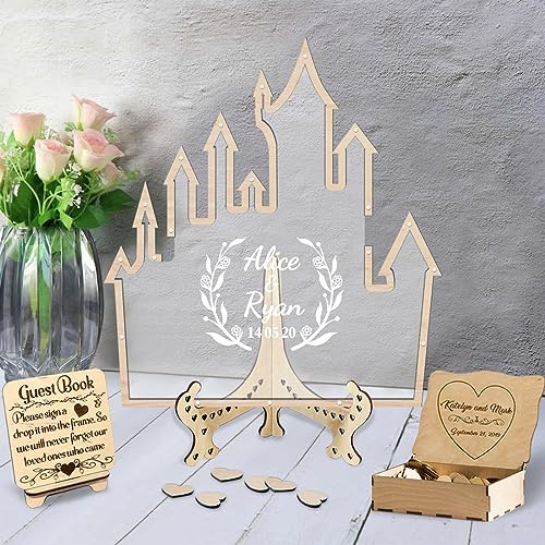 Libro de Invitados de Boda Personalizado de Castillo de fantasía, Libro de visitas de Boda Alternativo Personalizado en el país de Las Maravillas, Libro de visitas de Boda con 30-100 Corazones de