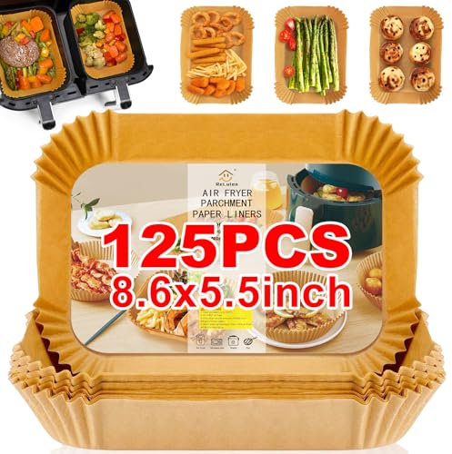 ReLuien Air Fryer Liners Disposable, Airfryer Paper Liners, 125Pcs Non-stick Oil Resistant Air Fryer Liners Square, Parchment Liners 8.6 * 5.5, Fit for Most Ninja Dual Airfryer, Microwaves, Ovens