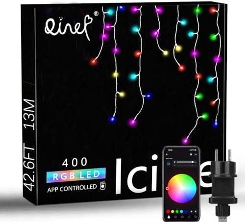 QINER Icicle Lights Rideau, 13 M Inteligentes Guirnalda Luminosa Exterior, 400 LEDs Deco Noel, 16 Millones de Colores con 40 Modos, Decoración de Boda, Halloween, Navidad