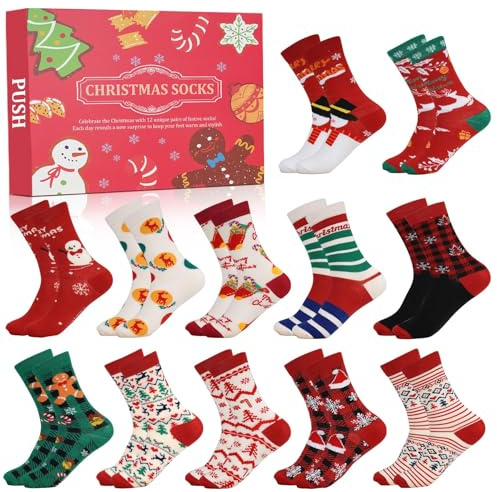 ANOTION Antion 2024 calcetines navideños - Calendario navideño 12 días calcetines calientes para mujeres cuenta atrás para Navidad calendario fiestas navideñas regalos de fiestas navideñas