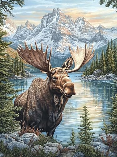 MOMAKA 5D Diamond Painting Kits Snö Fjällälg för vuxna, gör-det-själv 5D diamantmålningssatser Djur Full Drill for Beginners, Rund Borr DIY Crystal Picture Art for Home Wall Decor 30x40 cm