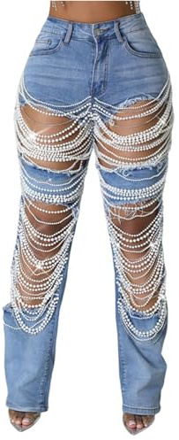 SUIUOI Jeans da donna con fori strappati, jeans a vita alta, pantaloni skinny Y2K, denim elasticizzati, strappati, con fori a matita, pantaloni a tubo, jeans casual, Perle blu, XL