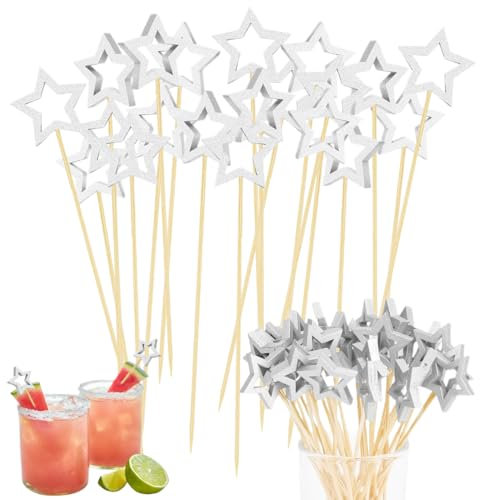WUSJCOF 100 piezas Pinchos de Cóctel de Madera,para Cócteles,Brochetas,Aperitivos,Silver Star-Cocktailspieße,Holz,biologisch abbaubar,langlebig,glatte Oberfläche,Fingerfood,Vorspeisen,Cupcakes