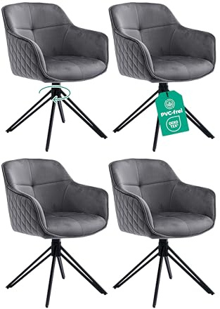 Linele Esszimmerstühle 4er Set Grau mit Samtbezug | Federkern, 360° Drehbar, Retrostil, PVC-frei & Oeko-TEX Zertifiziert, Einfache Montage