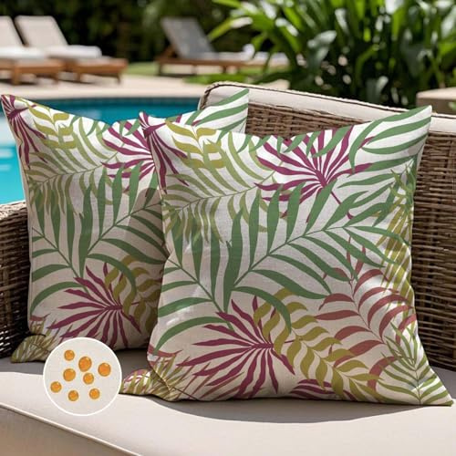 Jayusaror Outdoor Kissenbezug 40x40 cm Grün Rosa Bunt Kissenhülle Wetterfest Sofakissen Gartenkissen Sommer Tropische Blätter Deko Kissen Kissenbezüge für Sofa Garten Deko 2er Set