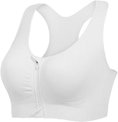 Lemef Front Zipper Sports Bras High Impack Post Op Compression Bras for Women Post Surgery Wireless Racerback Yoga Bra White M