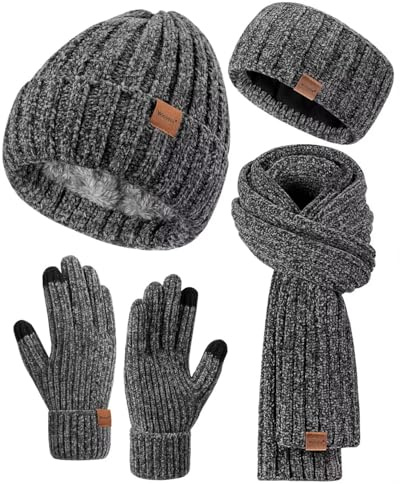 Winuesa Stirnband, Mütze, Schal & Handschuh-Sets für Damen, Chenille Beanie Mütze Mit Fleece Gefüttert Ohrenwärmer Stricken Schal Touchscreen Handschuhe Warm 4-in-1 Geschenk Set