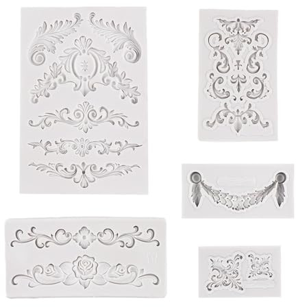 DIYCUT 5 Stück Silikon Fondantformen Barock-Stil, 3D-Strukturmatte, Grau Fondant Silikonform, mit Spitzenmuster & Gravur, für Torten, Pralinen, Schokoladenformen & Dessertdekoration (Grau)