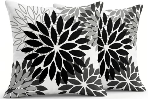 JANGYUHH Kissenbezug 40x40 cm Modern Dahlien Dekokissen Zweiseitiges Muster Schwarz Blumen Sofakissen Outdoor Kissen Leinen Kissenbezüge Dekorative für Sofa Garten Wohnzimmer Bett 2er Set