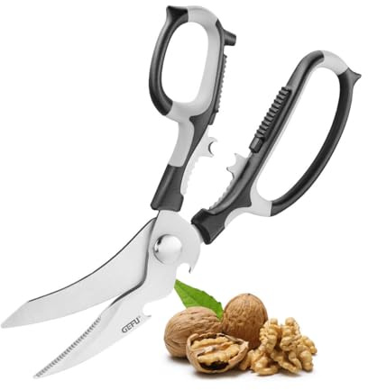 GEFU Multico Vielzweckschere - Küchenschere mit Mikroverzahnung & Öffner | Mehrzweckschere aus Edelstahl für Rechts- & Linkshänder, integrierter Nussknacker, Kapselheber und Flaschenöffner