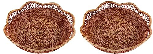 Htuygyjaw 2X Hand-Woven Rattan Storage Basket Fruit Basket Wicker Woven Tray Restaurant Small Container Home Decoration S-23X5.5cm