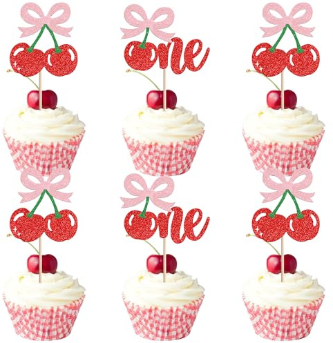 SYKYCTCY 24 Pack Cherry One Cupcake Toppers Glitter Pink Bow Cherry Cupcake Picks Cherry 1st Birthday Decorations for Sweet Fruit Baby Shower Kids Girls First Birthday Party Cake Decorations Supplies