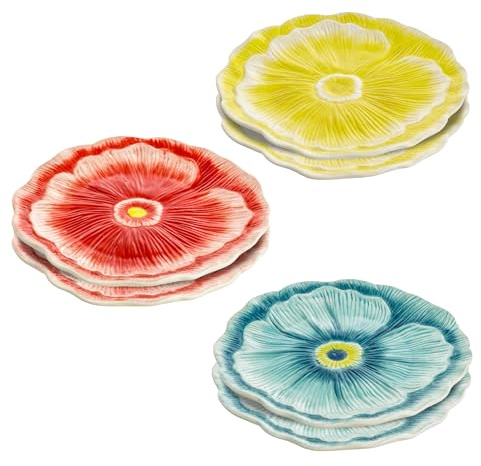 Baroni Home Juego de 6 platos con forma de flor, diseño colorido y floral, platos para aperitivos, frutas, postres, platos de flores rojas, amarillas y azules, diámetro 19,5 cm