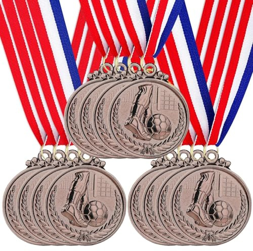 Santme 12 Pièces Médaille de Récompense, Médaille de Football Médaille de Bronze avec Rubans de Cou pour pour Les Compétitions, Le Sport, Style Olympique Diamètre env. 5,0 cm