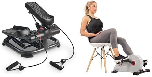 Sunny Health & Fitness Magnetic Under Desk Pedal Exerciser, Dual Function Mini Exercise Cycle Bike + 2-in-1 Premium Power Stepper W/ Resistance Bands, Low-Impact Cardio, Space-Saving, Adjustable