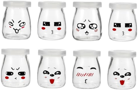 JECOMPRIS Bouteilles En Verre De Yaourt Et Gelée 150 Ml 8 Pièces En Verre Épaissi Motif Coloré Accessible à Emporter Pour Pudding Réutilisables Et Lavables