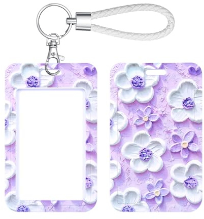 Fundas especiales para tarjetas de identificación, portátarjetas, portacarnet con llavero, 1 pieza (Purple Flower)