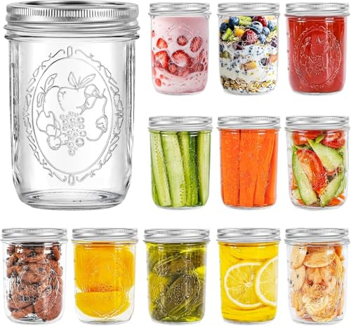 Miuyhji Mason Jars 16 oz with Lids, 12Pcs Wide Mouth Glass Canning Jars with Airtight Lids and Bands, Overnight Oats Containers for Pickling, Freezing, Preserving, Meal Prep, Jar Décor