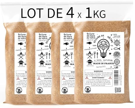 Sägemehl aus Buchenholz, 4 x 1 kg, für Fleisch- und Fischräucher, geeignet für Schlangen, Kalträucher, hergestellt in Frankreich, Holzspäne, kompatibel mit Kalträuchern, professionelle Mischung, 4 kg