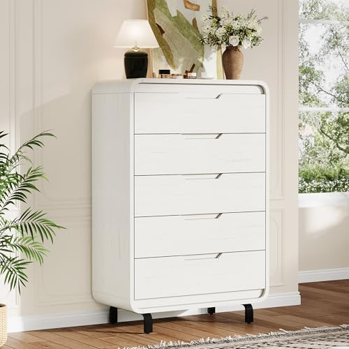 5 Drawers Dresser for Bedroom & Nursery, Modern Dresser with Safe Rounded Corners & Hidden Handles, Tall Wooden Dresser Chest with Heavy Duty Anti-Tip Structure, Wide Storage Cabinet for Living Room