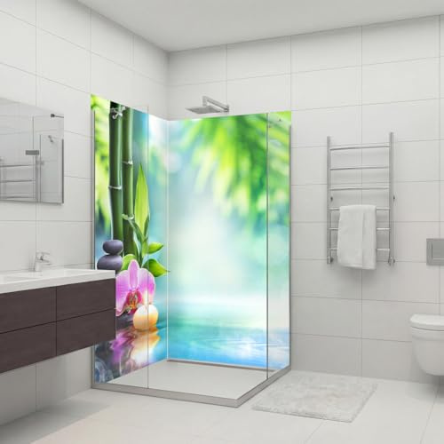 Dedeco 2x Premium Bad Duschrückwand mit Motiv: Zen V4, 90x200cm, wasserfest, hochwertig fugenlose Wandverkleidung aus 3mm-Alu-Verbundplatte, Fliesenersatz ohne Bohren, Made in Germany