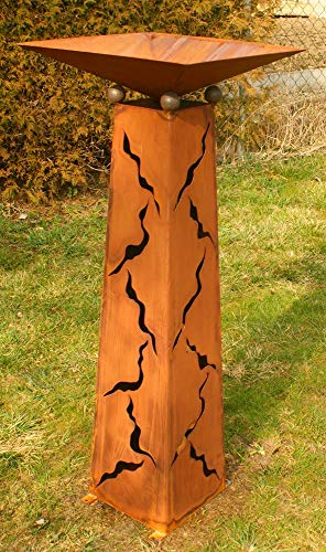 Gartendekoshop24 – Gartendeko Rost Säule konisch, 100 cm, mit Schale und Muster. Handgemachte Metallarbeit. Rost Schale zum Bepflanzen, oder Dekorieren, für den Gartenbereich, für draußen.