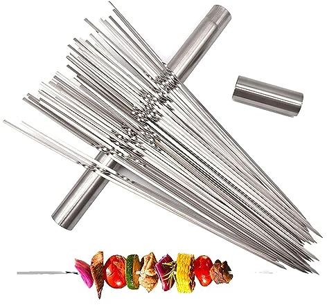 Liwein Pinchos de Barbacoa, 50 Piezas Parrilla Pinchos Acero Inoxidable Brochetas de Kebab con Tubo de Almacenamiento Metal Planas Barbacoa Pinchos Asar para BBQ Carne Aperitivos de Fiesta 35cm