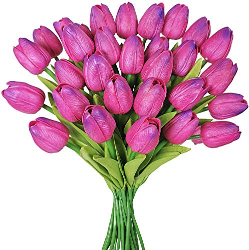 Winlyn 30 tulipani artificiali fucsia in poliuretano, realistici al tatto, steli alti 32 cm, per primavera, Pasqua, matrimoni, centrotavola, bouquet, ghirlande, vasi floreali, decorazioni da tavolo